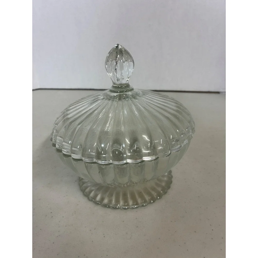 Vintage Clear Ribbed Pressed Glass Footed Candy Dish with Lid Scalloped Pedestal
